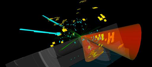 Candidate HH → bbɣɣ event in ATLAS data taken in 2017. Charged-particle tracks are shown in green, the two candidate b-jets are shown as red cones, and the two candidate photons are shown as cyan towers. ©CERN