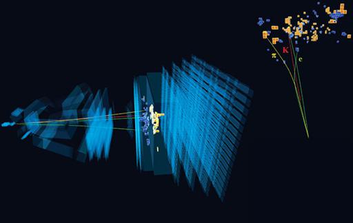 Désintégration d'un méson B0 en K*0 et une paire électron-positon dans le détecteur LHCb, qui permet de sonder l'universalité leptonique dans le modèle standard. ©CERN