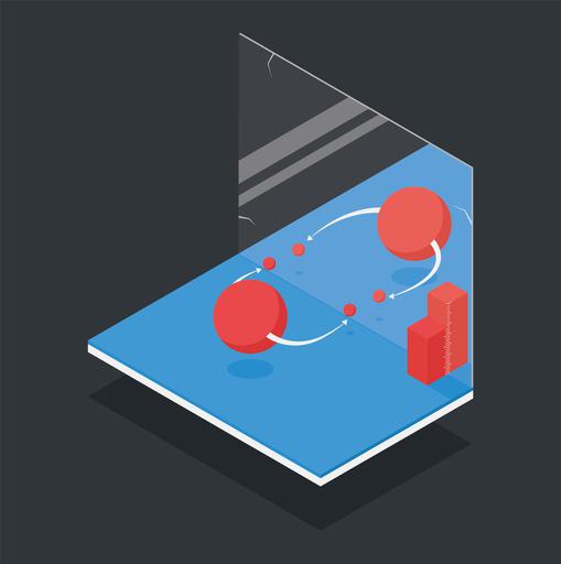 La transformation qui a lieu dans une symétrie de CP échange une particule avec l'image miroir de son antiparticule. La collaboration LHCb a observé une brisure de cette symétrie dans les désintégrations du méson D0 (représenté par la grande sphère sur la droite) et de son partenaire dans l'antimatière, l'anti-D0 (grande sphère sur la gauche) en d'autres particules (petites sphères). L'importance de la brisure a été déduite de la différence entre le nombre de désintégrations enregistrées pour la particule et pour son antiparticule (barres verticales, ajoutées à titre d'illustration - Image : CERN