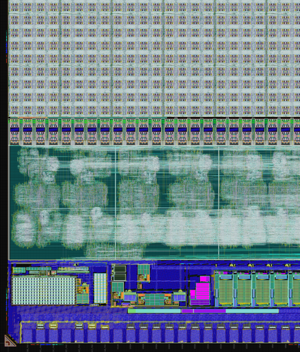 Détail de la puce ITkPixV1 soumise pour production au fondeur TSMC le 17 mars 2020 (coin de bas de colonne gauche), crédit Mohsine Menouni, CPPM